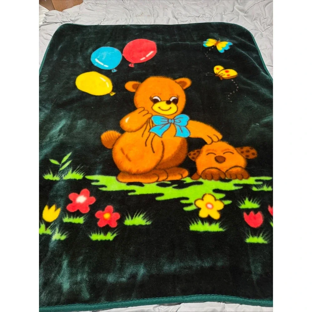 Vintage Teddy Bear Puppy Plush Mink Style Fleece Blanket Forest Green Kidcore